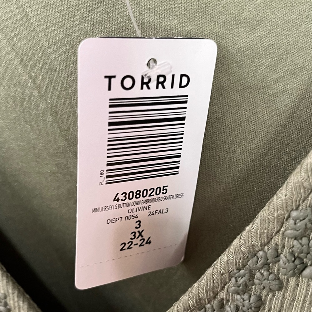 Torrid Olive Mini Jersey 3/4 Sleeve Embroidered Skater Dress NWT, Size 3 (3X) - Picture 7 of 10